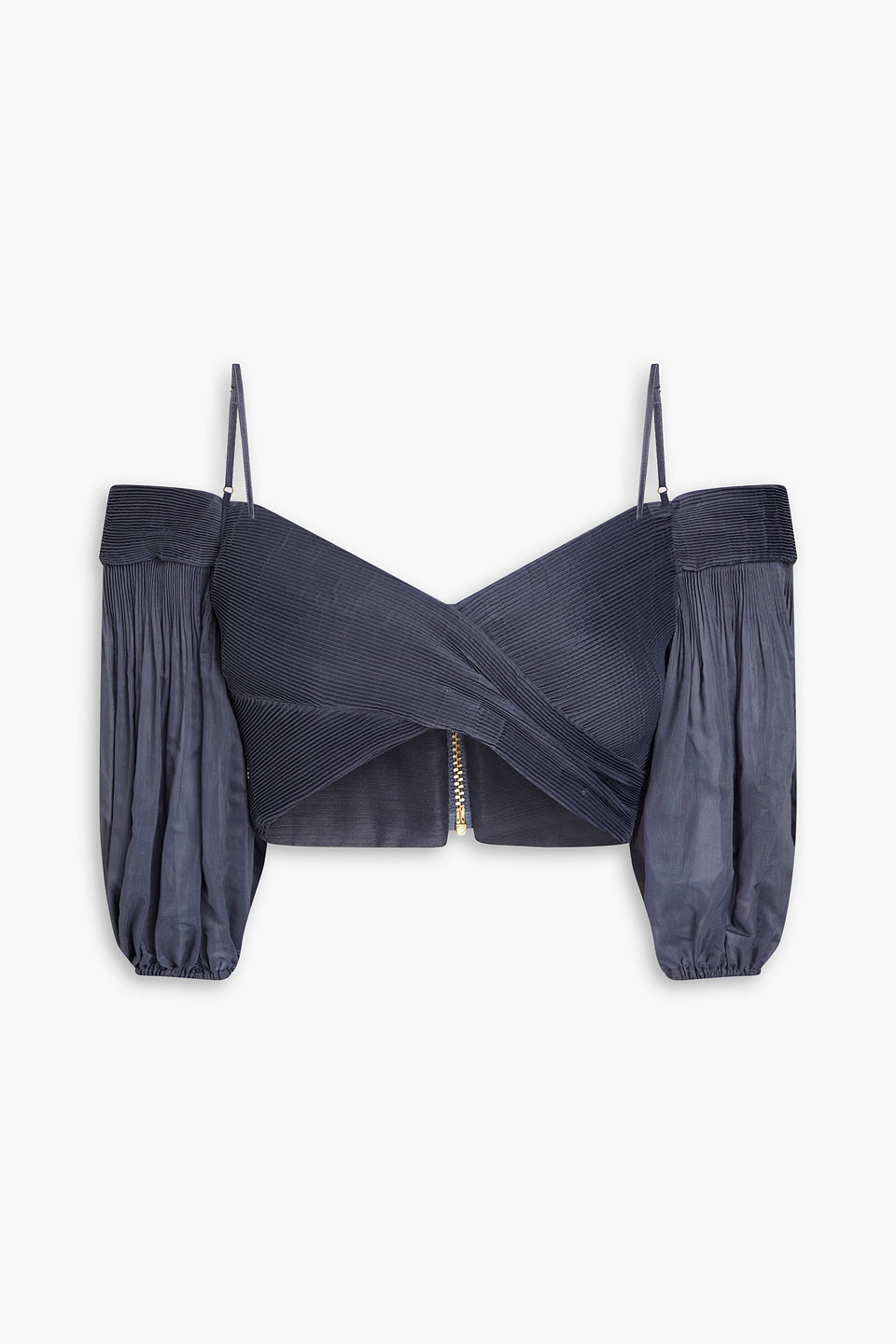 Zimmermann Cropped Cold-shoulder Pleated Voile Top In Marineblau