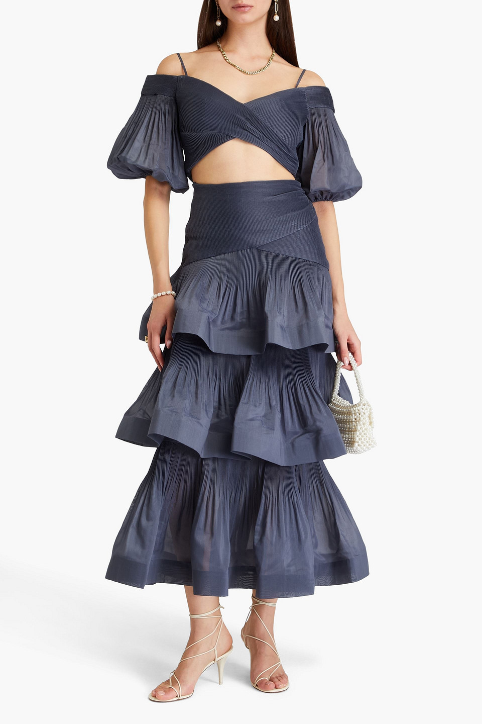 Zimmermann Cropped Cold-shoulder Pleated Voile Top In Marineblau