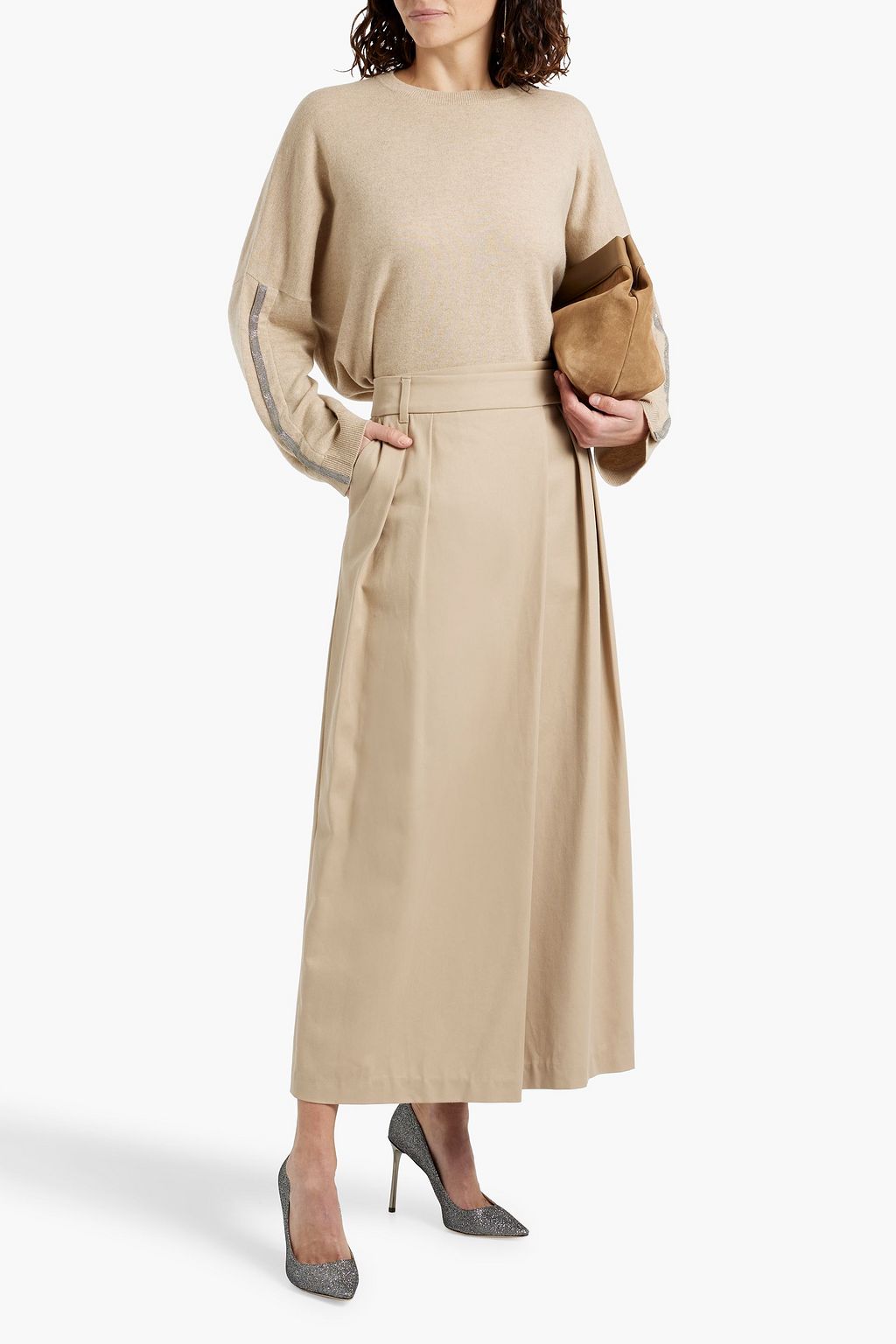 BRUNELLO CUCINELLI Pleated cotton-blend twill maxi wrap skirt