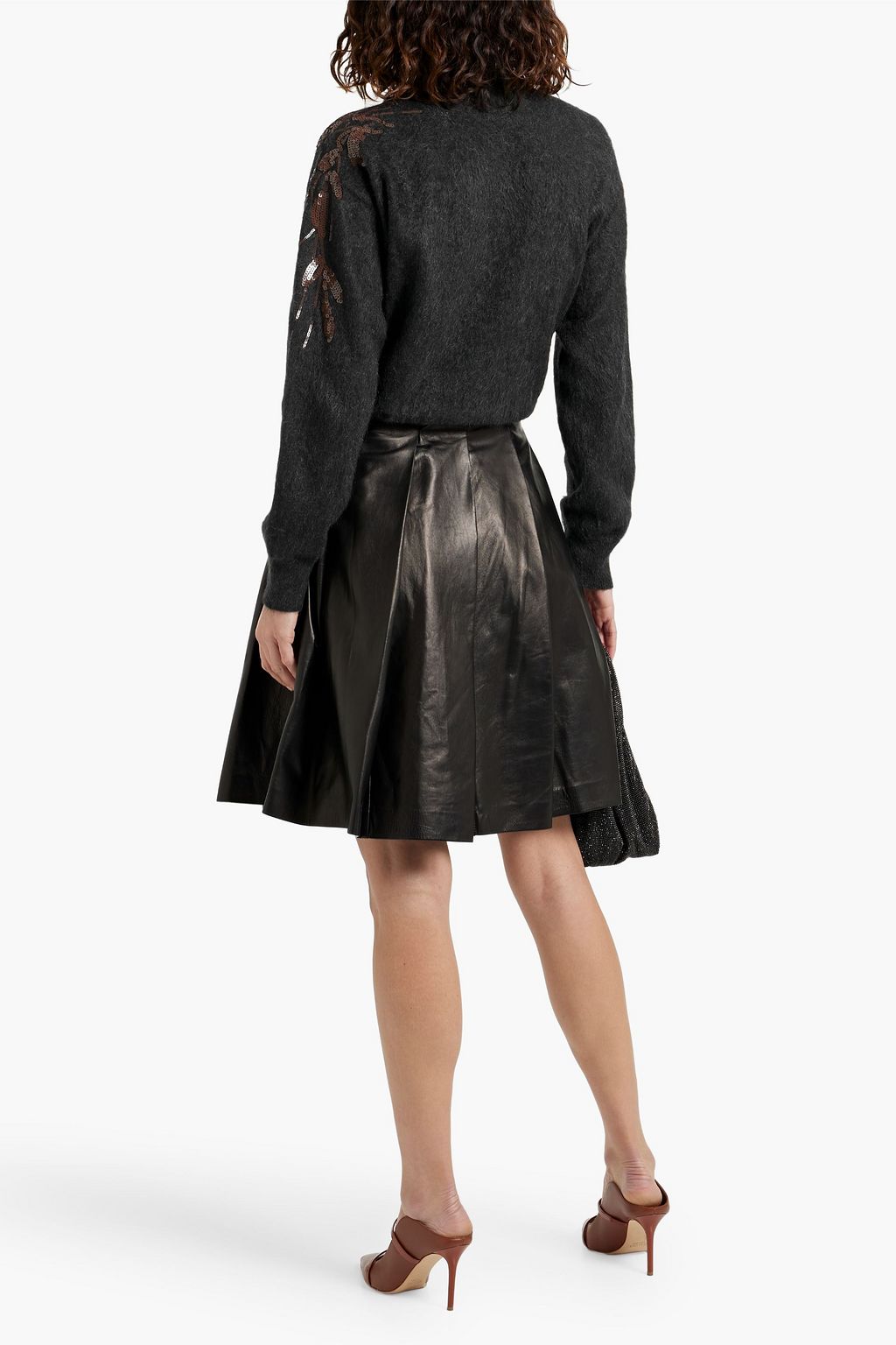BRUNELLO CUCINELLI Bead-embellished pleated leather mini skirt