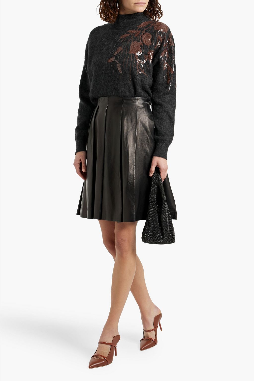 BRUNELLO CUCINELLI Bead-embellished pleated leather mini skirt