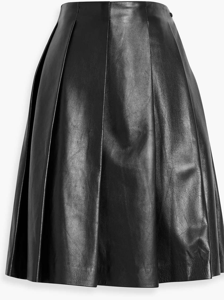 bead-embellished pleated leather mini skirt