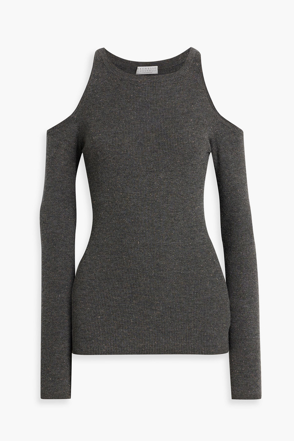 Brunello Cucinelli Cutout Metallic Ribbed-knit Sweater In Dark Gray