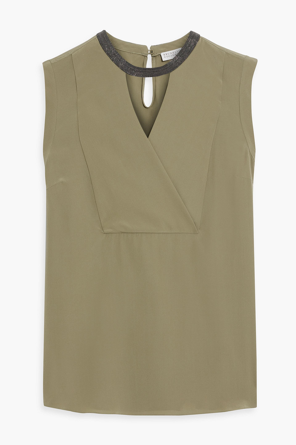 Brunello Cucinelli Bead-embellished Cutout Silk Top In Army Green