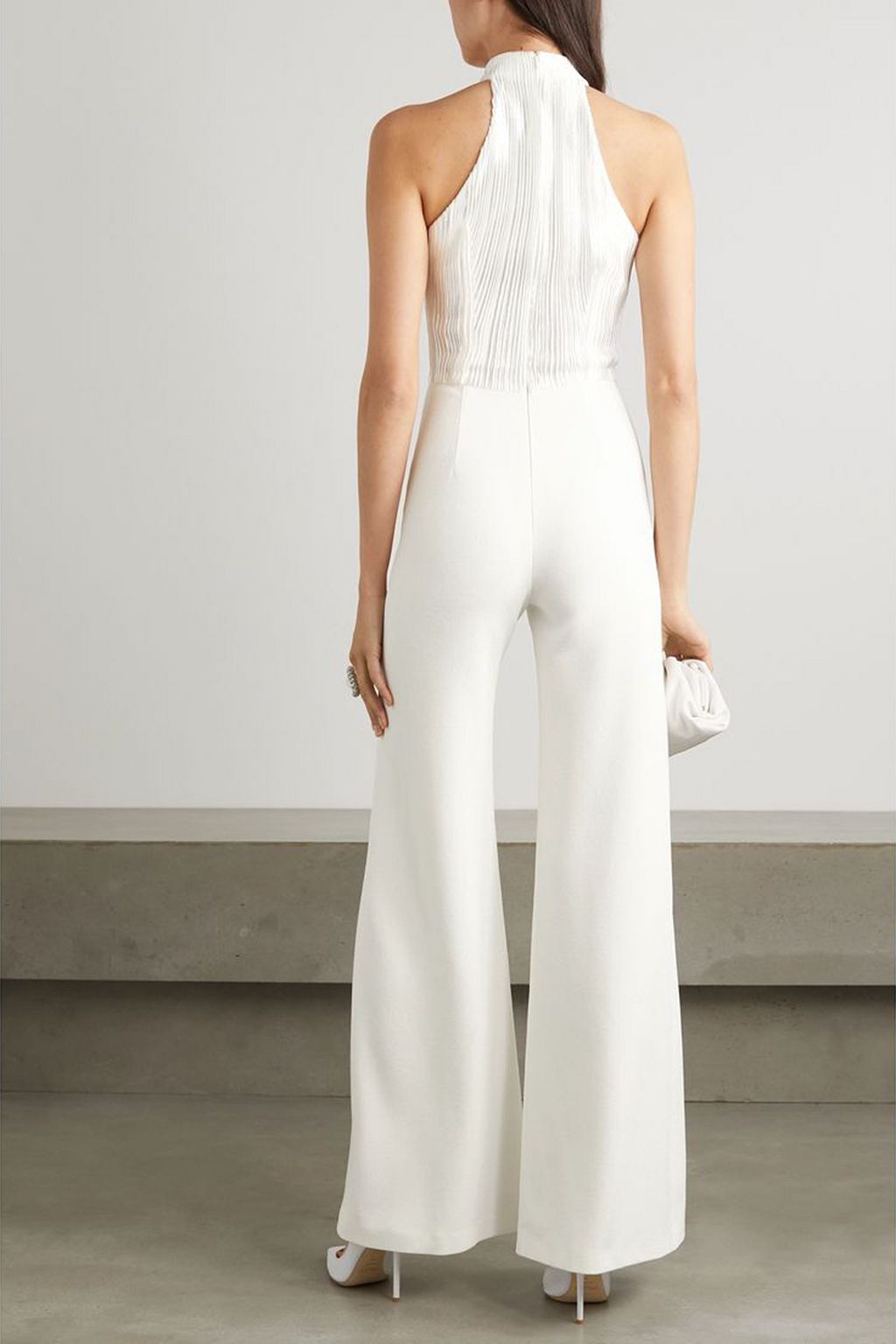 GALVAN  LONDON Panarea plissé-lamé and crepe halterneck jumpsuit