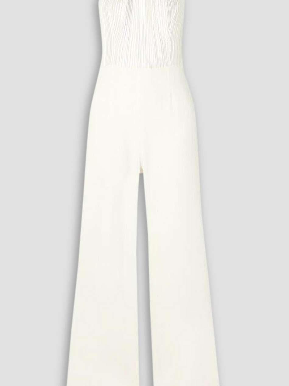 panarea plissé-lamé and crepe halterneck jumpsuit