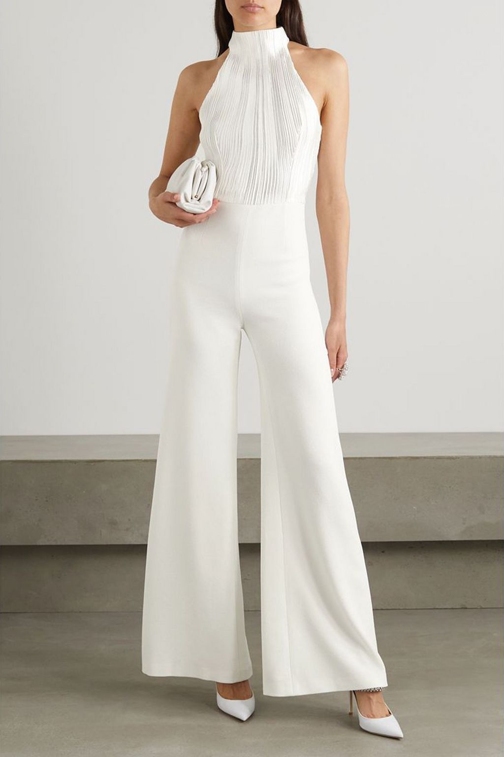 GALVAN  LONDON Panarea plissé-lamé and crepe halterneck jumpsuit