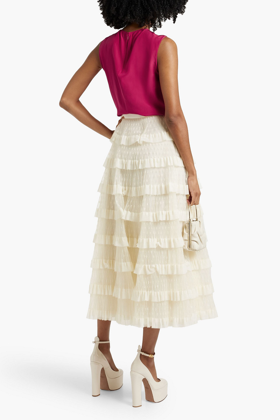 Red Valentino Tiered Point D'esprit Midi Skirt In White