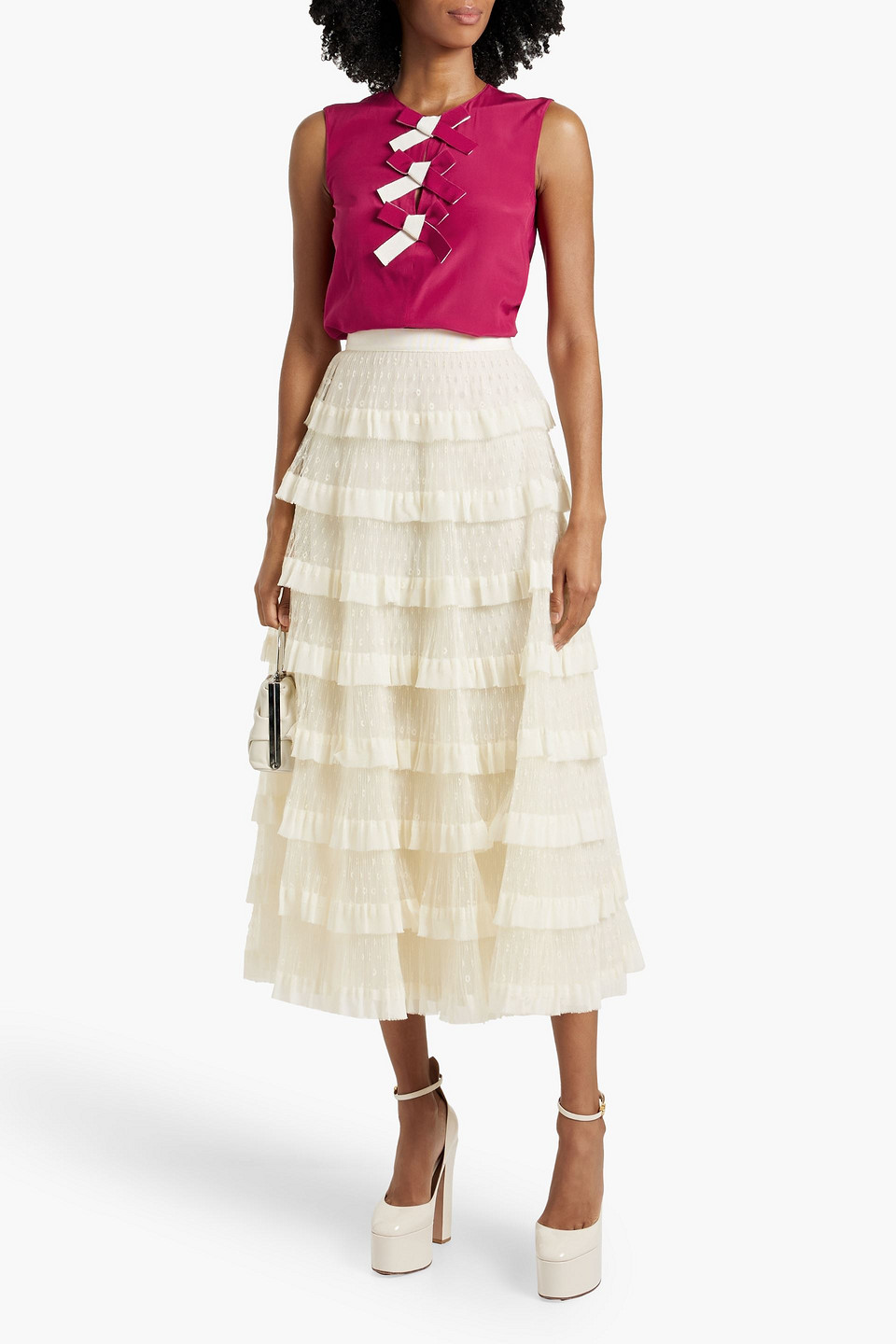 Red Valentino Tiered Point D'esprit Midi Skirt In White