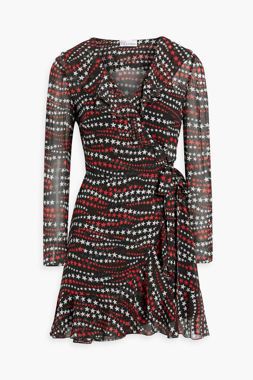 Red Valentino Printed Chiffon Mini Wrap Dress In Black