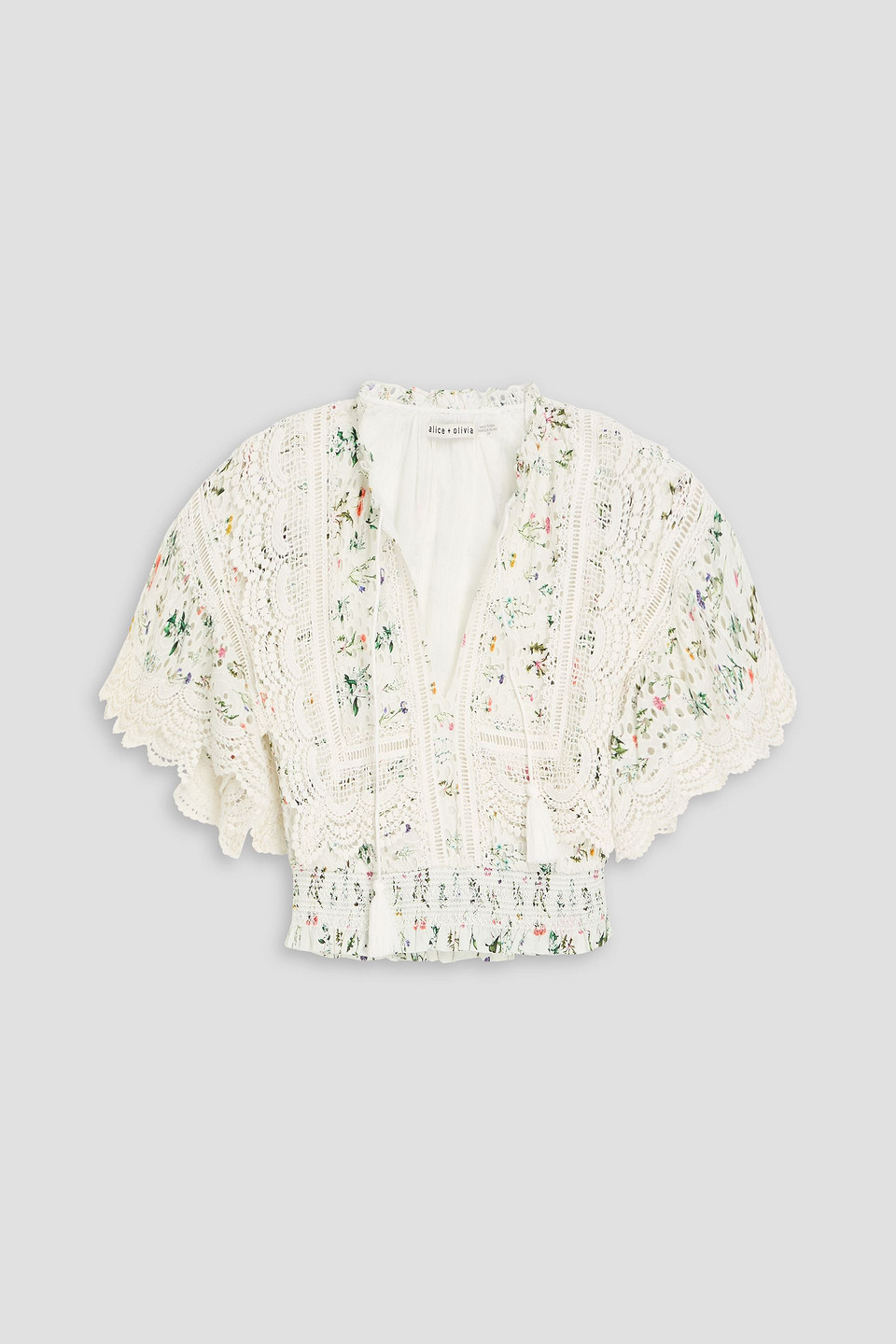 Alice And Olivia Tabitha Cropped Crochet-paneled Floral-print Broderie Anglaise Top In Ivory
