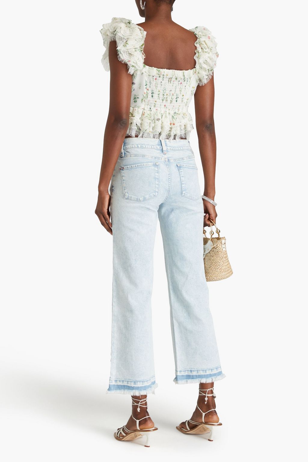 ALICE + OLIVIA クレープ クロップドトップス レーストリム フローラルプリント