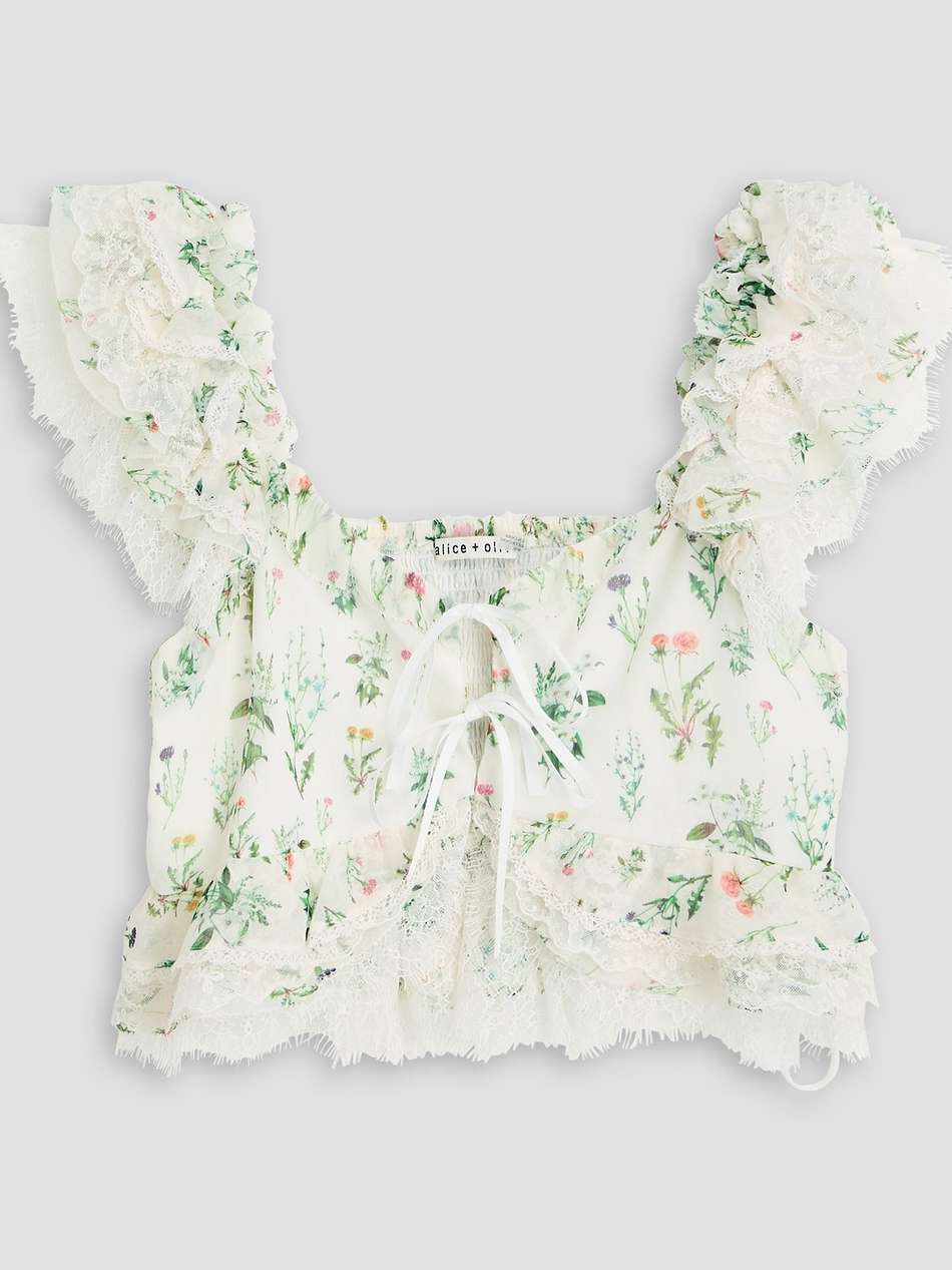 cropped lace-trimmed floral-print crepe top