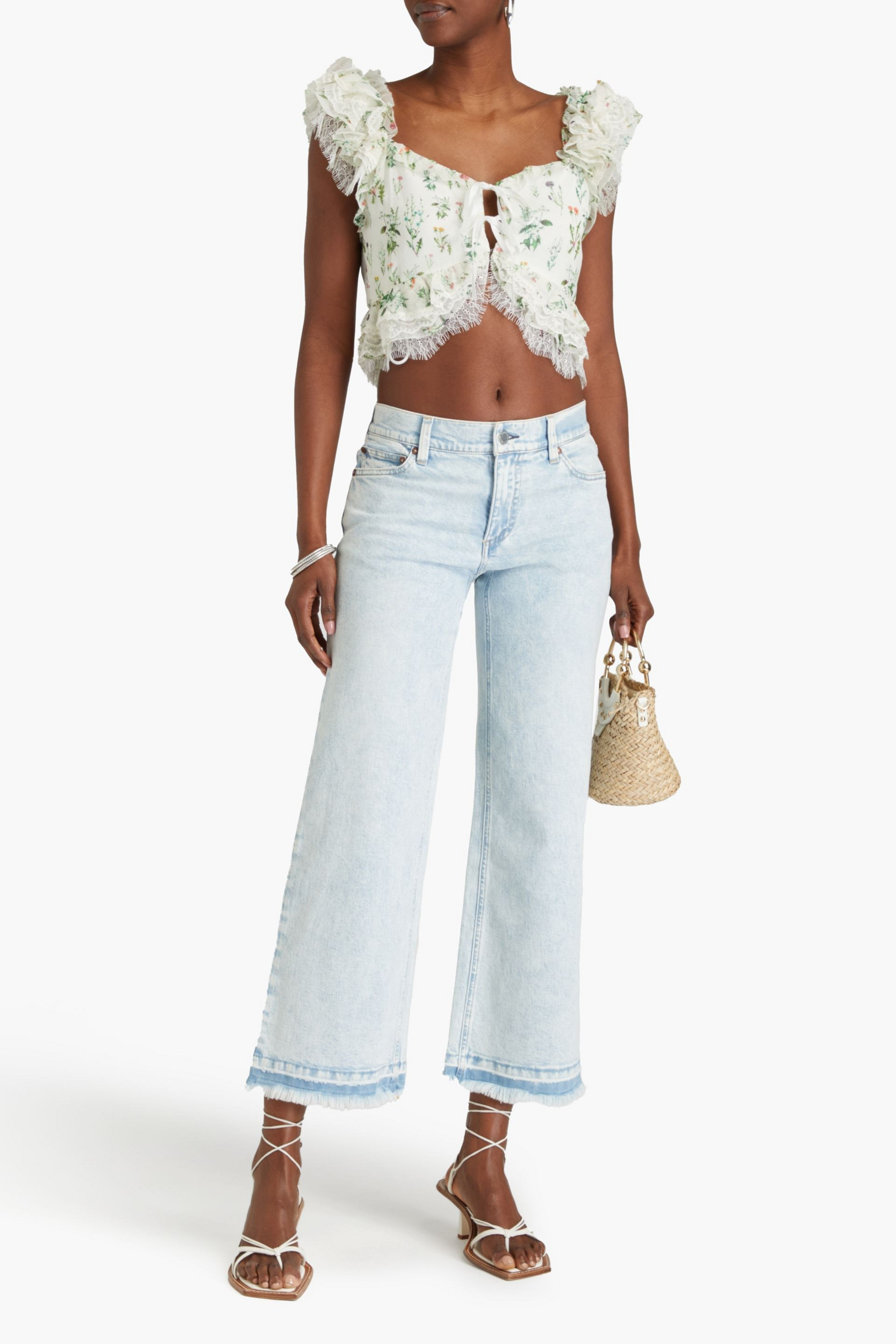 alice + olivia Cropped lace-trimmed floral-print crepe top