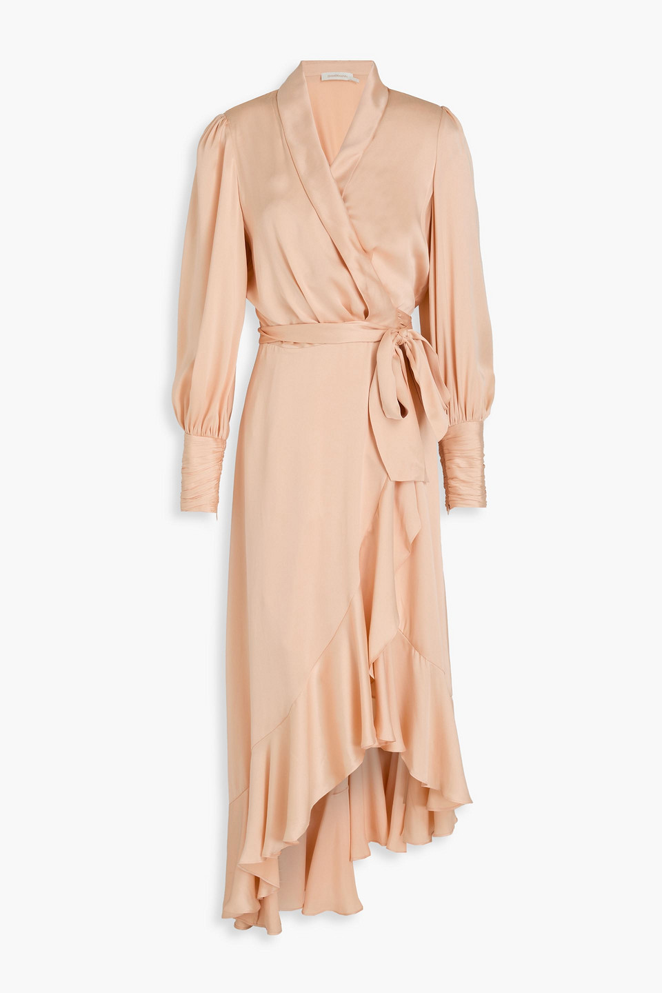 Zimmermann Ruffled Silk-satin Midi Wrap Dress In Neutral