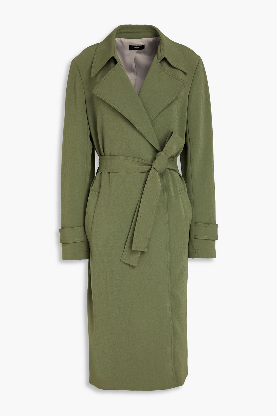 Theory Belted Crepe Trench Coat In Army Green
