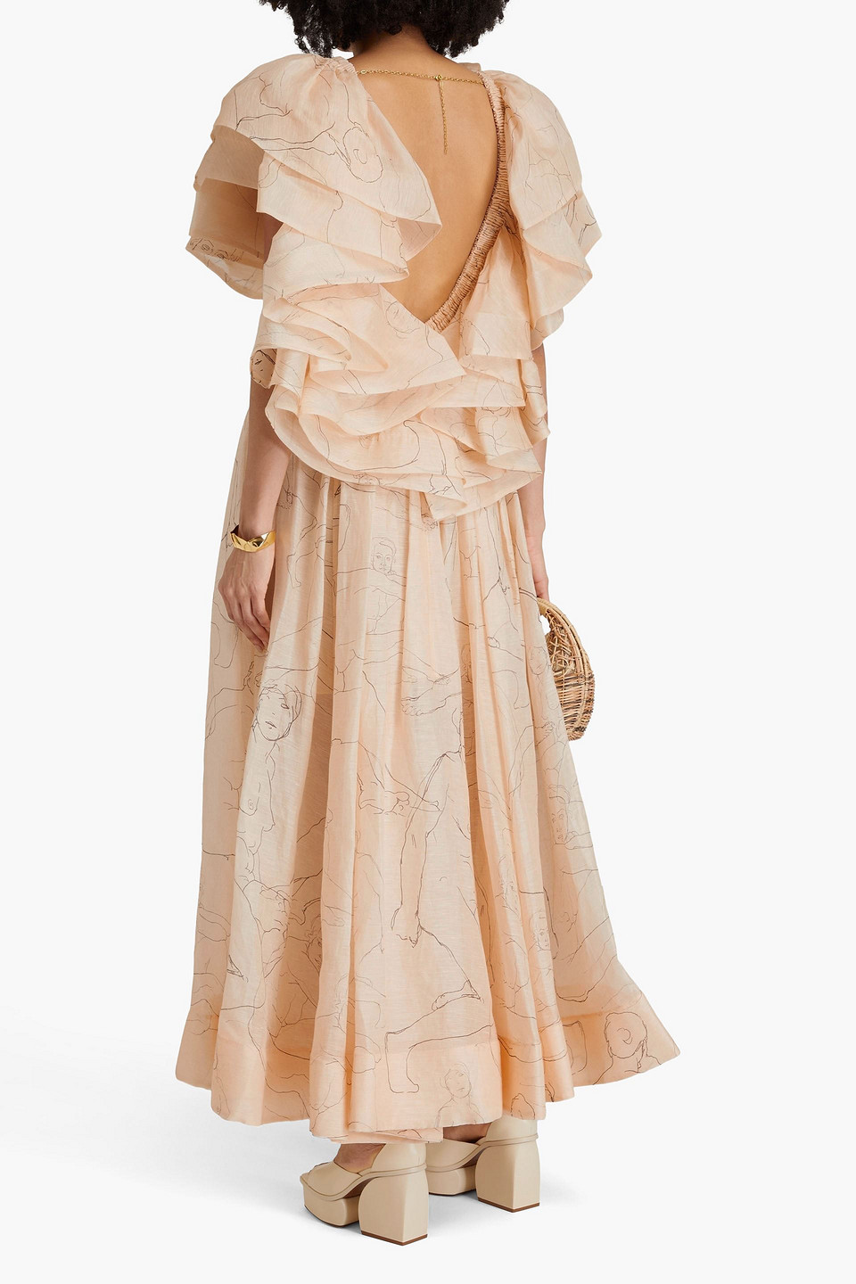 Zimmermann Ruffled Printed Linen And Silk-blend Maxi Dress In Creme