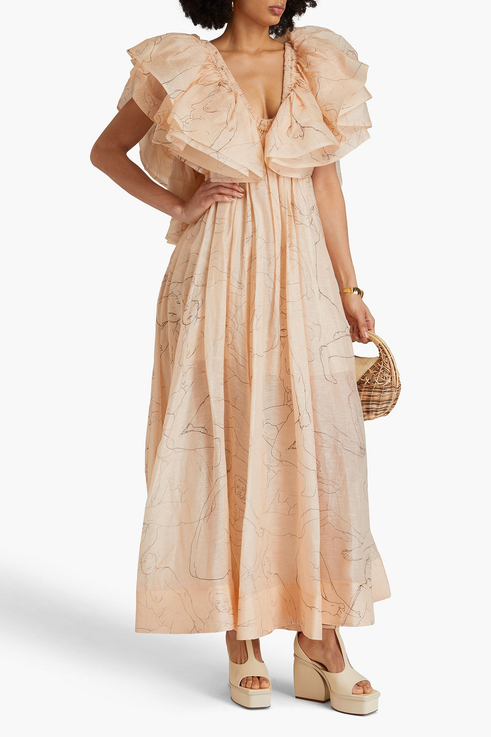 Zimmermann Ruffled Printed Linen And Silk-blend Maxi Dress In Creme