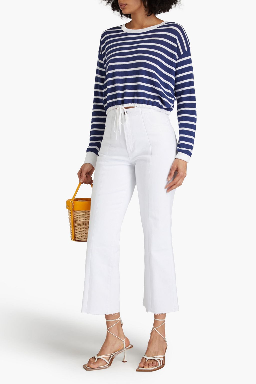 ALICE + OLIVIA كنزة رياضية قصيرة مخططة من مزيج الكتّان
