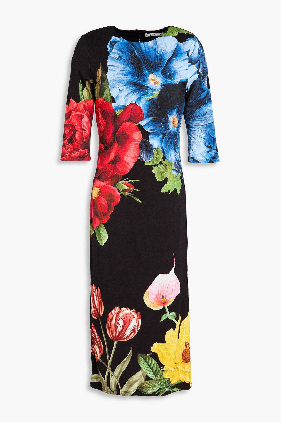 Alice And Olivia Floral-print Jersey Midi Dress In Black