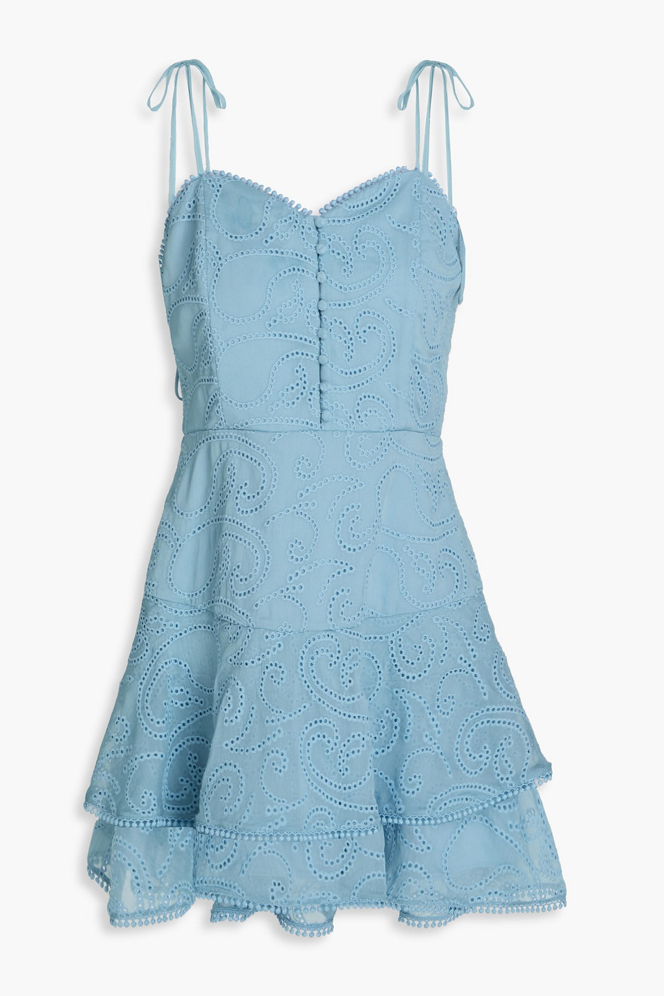 Alice And Olivia Rosette Sweetheart Neck Ruffle Mini Dress In Light Blue