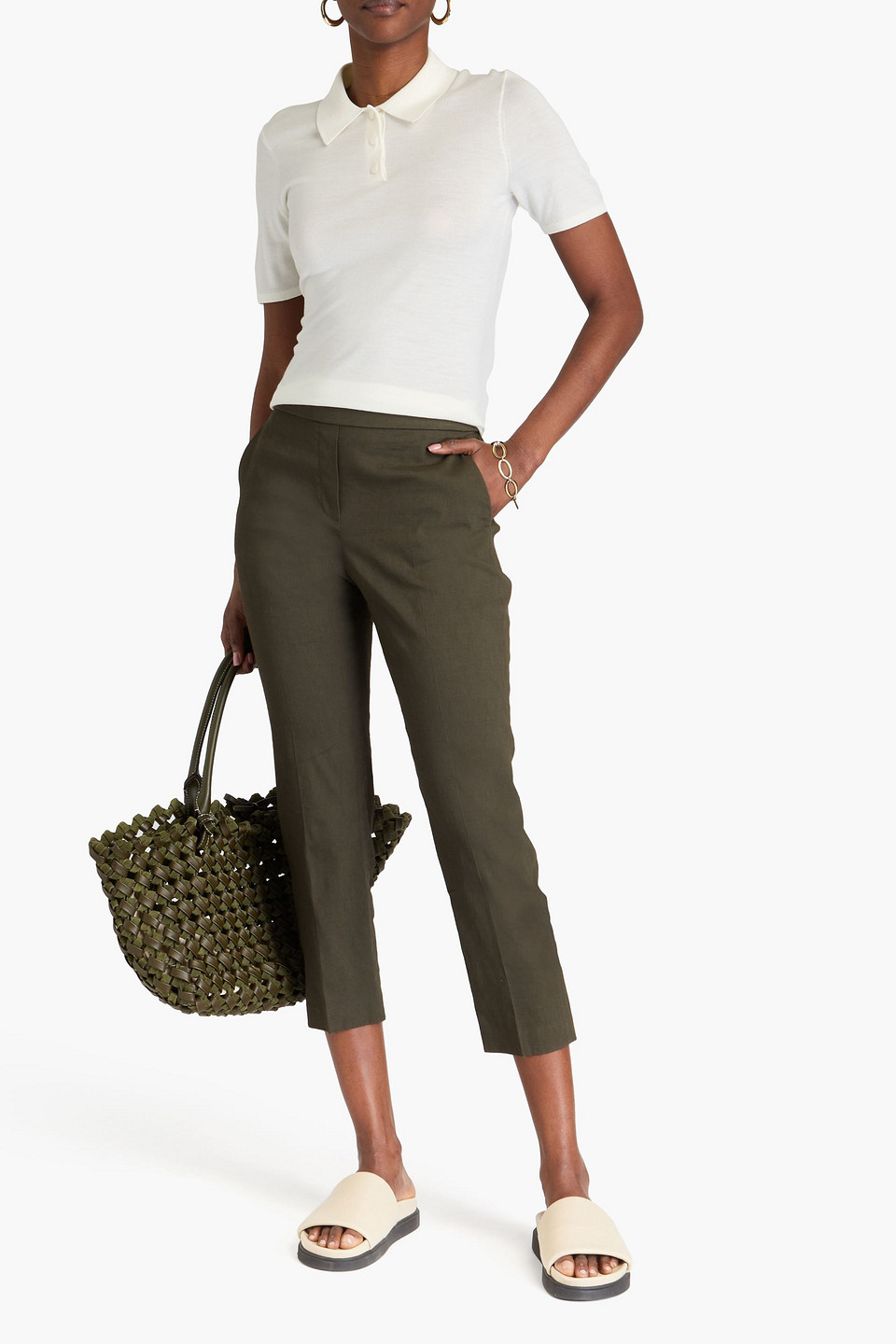 Theory Treeca Good Linen Cropped Pull-on Ankle Pants In Grün