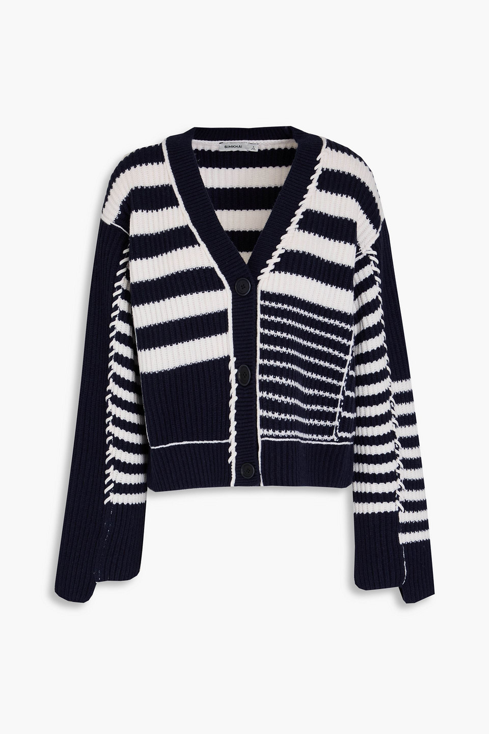 SIMKHAI ADARA STRIPED RIBBED WOOL AND CASHMERE-BLEND CARDIGAN