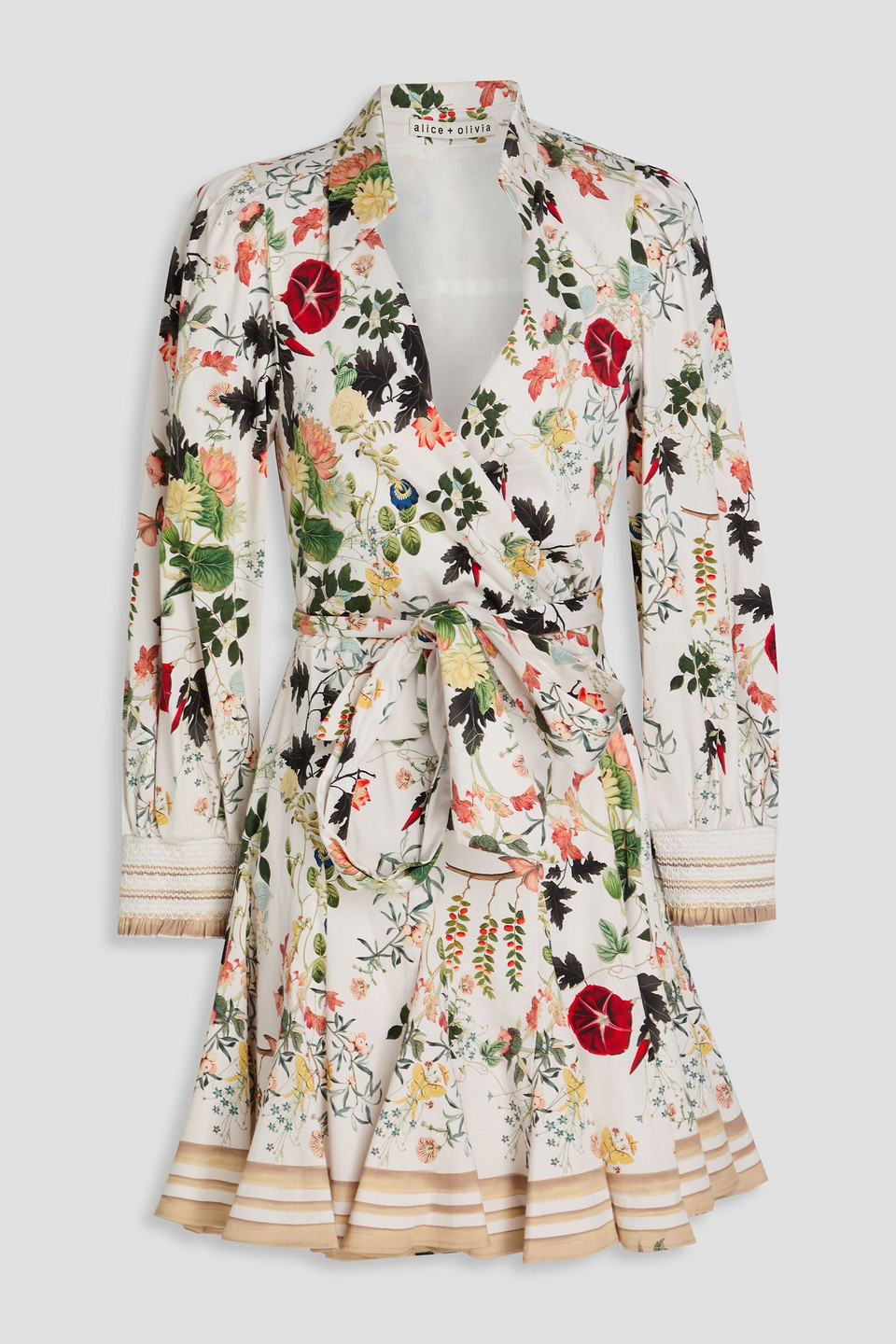 Alice And Olivia Alisa Floral-print Stretch-cotton Mini Wrap Dress In Ivory