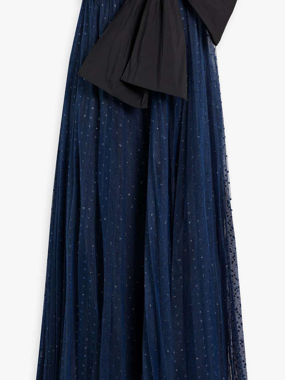 strapless bow-detailed glittered tulle midi dress