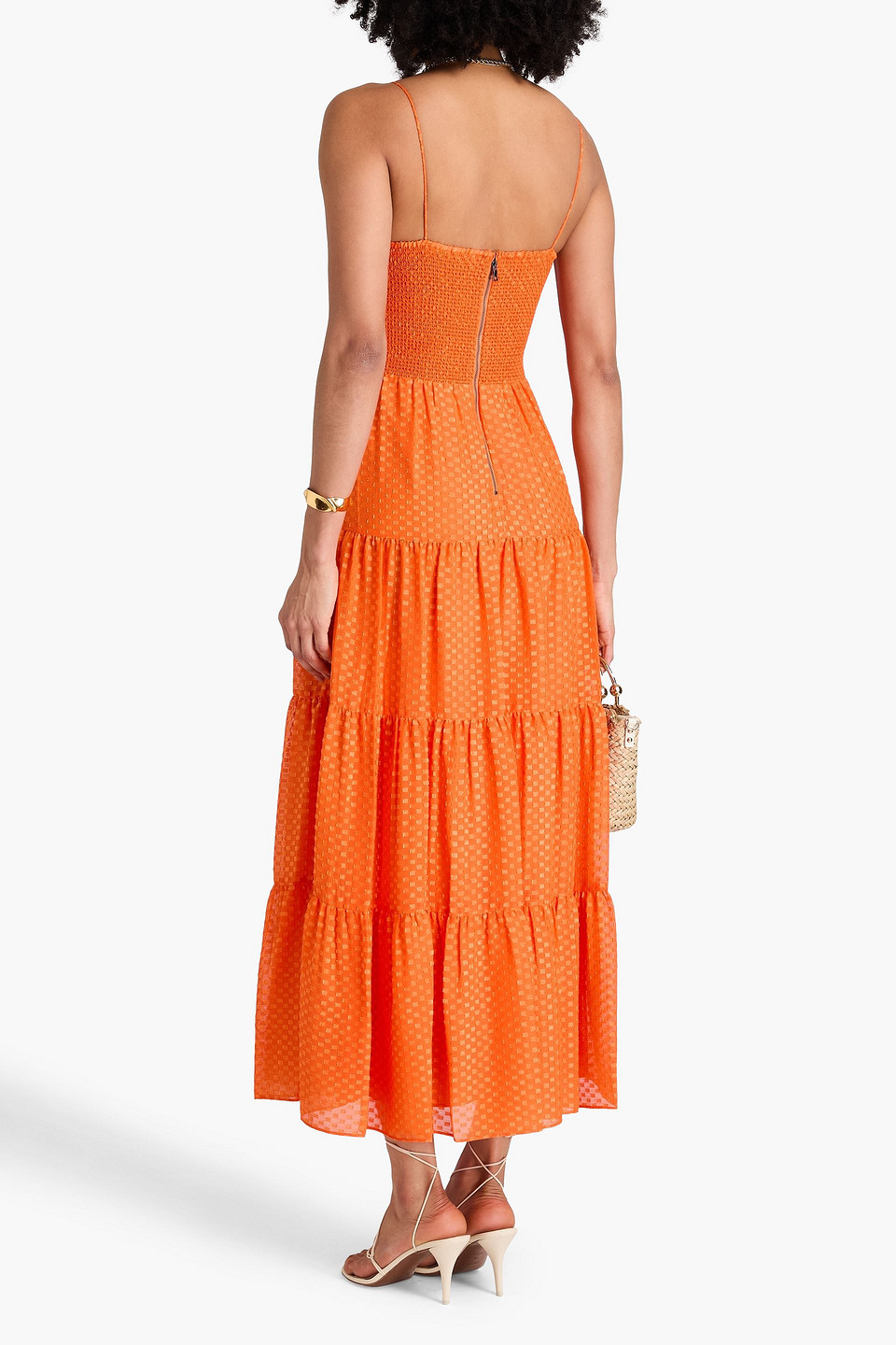 Alice And Olivia Clea Tiered Fil Coupé Crepon Maxi Dress In Orange