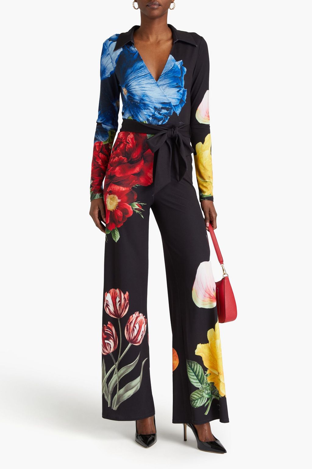 ALICE + OLIVIA Wrap-effect floral-print satin-jersey jumpsuit