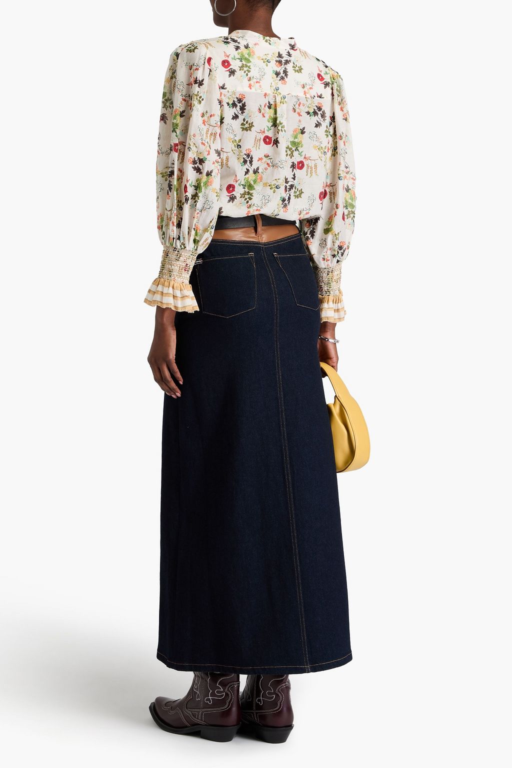 ALICE + OLIVIA JEANS تنورة طويلة من الدنيم بحواف من الجلد الصناعي