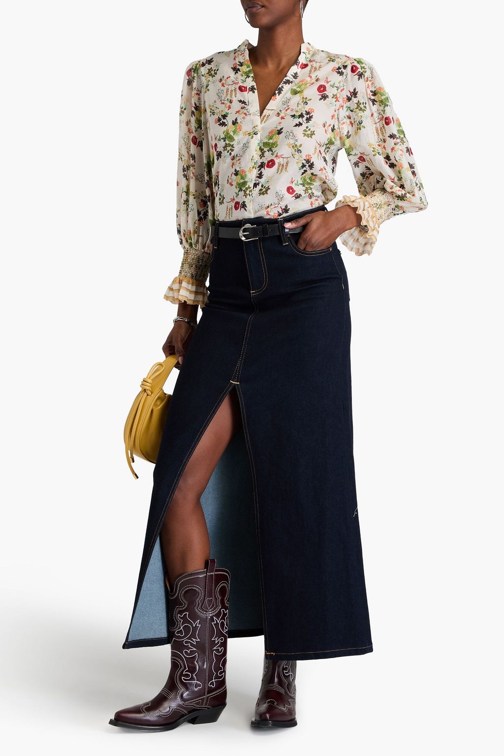 ALICE + OLIVIA JEANS تنورة طويلة من الدنيم بحواف من الجلد الصناعي