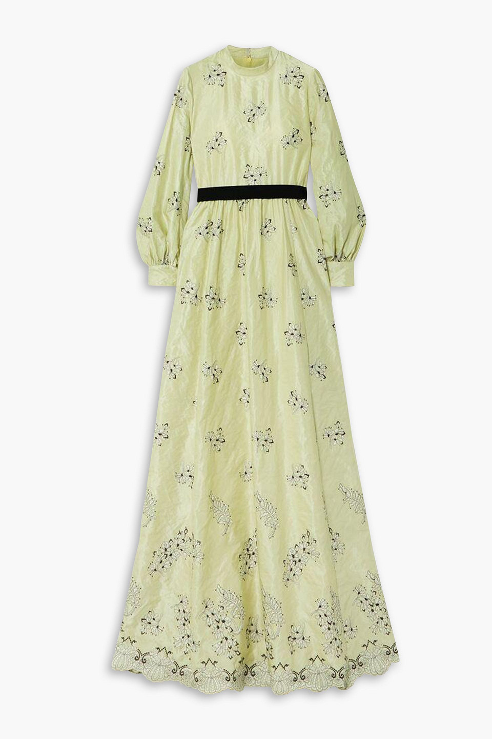 Shop Erdem Kara Belted Embroidered Satin Maxi Dress In Pastel Yellow
