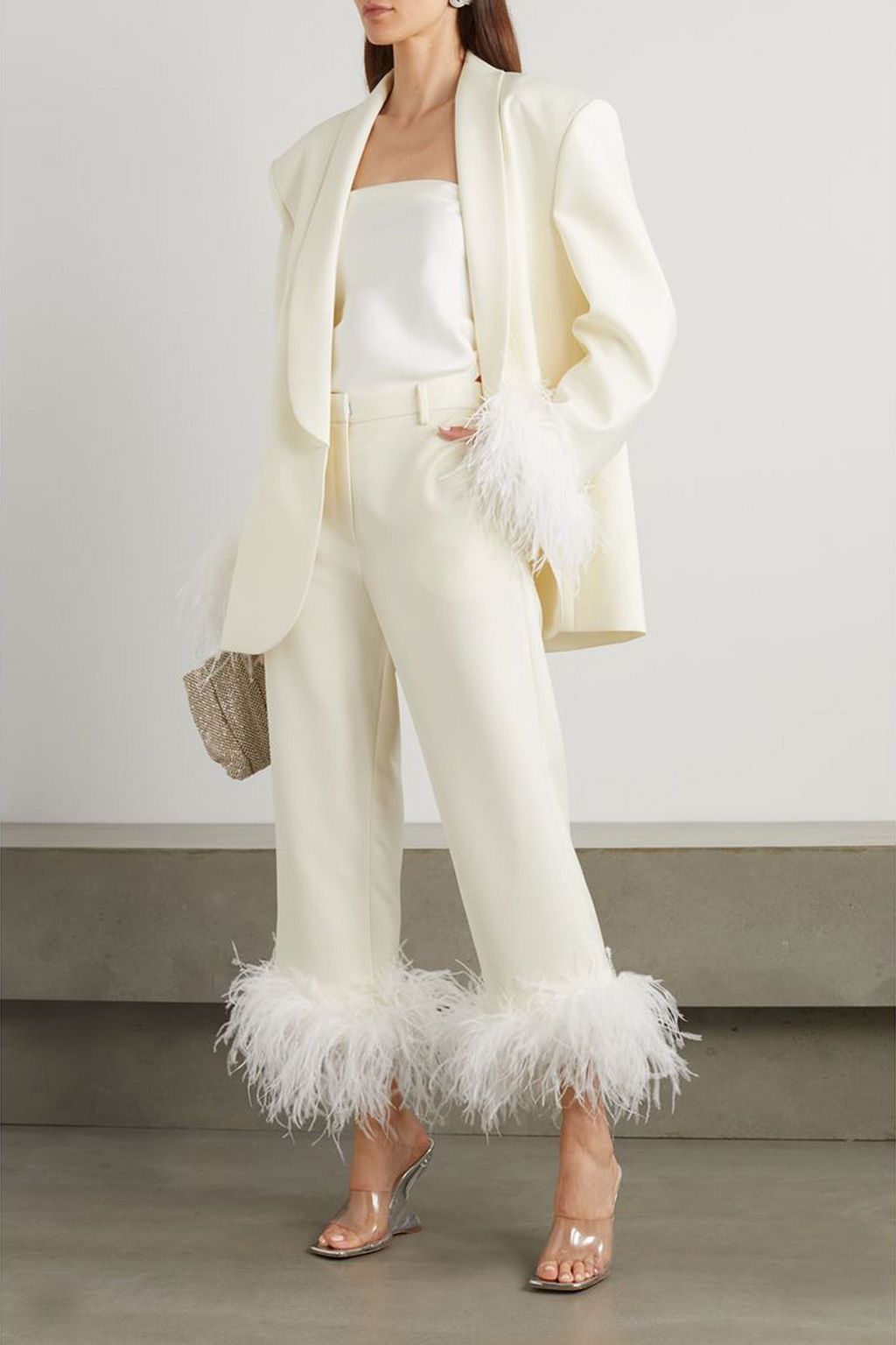 MAGDA BUTRYM Feather-trimmed wool-twill straight-leg pants