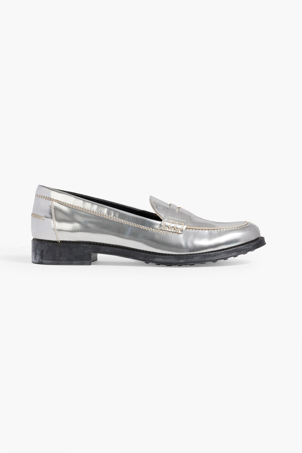 Tod's Metallic Leather Loafers In Silver