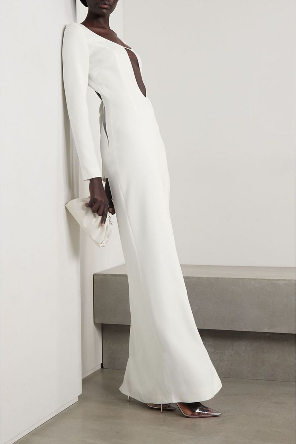 MÔNOT Cutout tulle-trimmed crepe gown