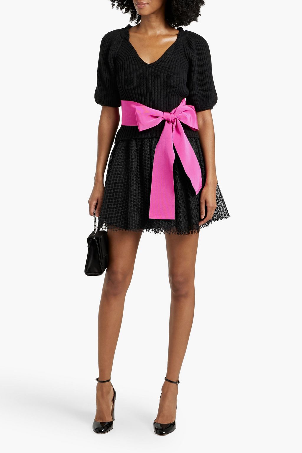 REDVALENTINO Bow-detailed cotton-blend grosgrain and ribbed-knit sweater
