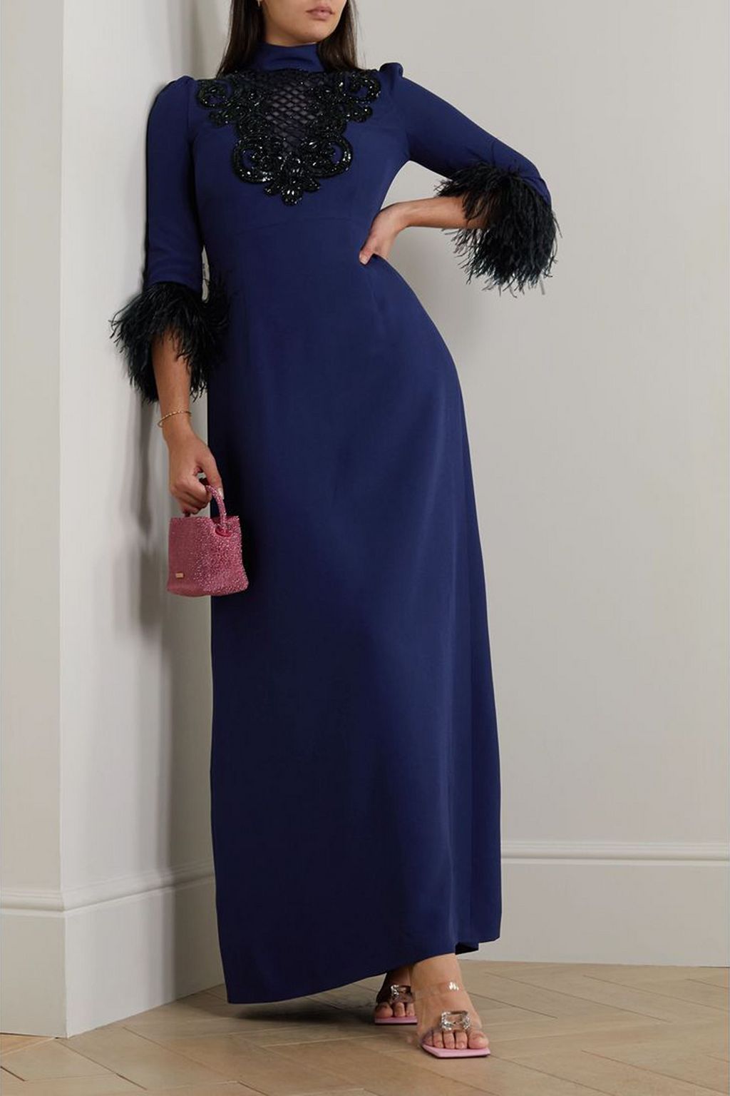ANDREW GN Crystal-embellished feather-trimmed crepe gown