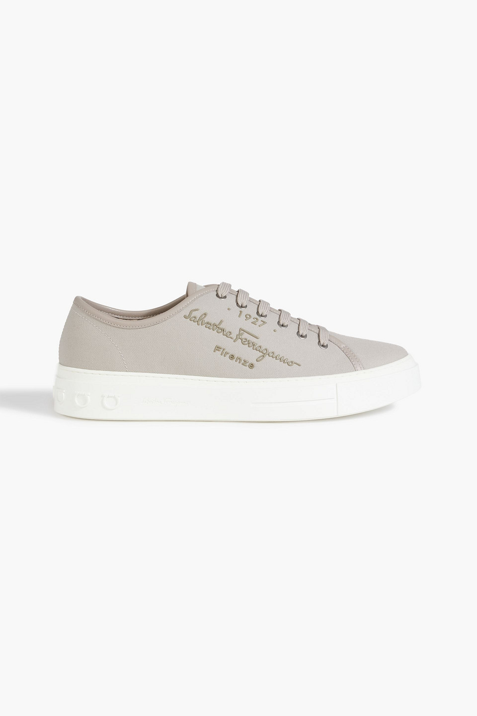FERRAGAMO MEDITERRE LOGO-APPLIQUÉD LEATHER-TRIMMED CANVAS SNEAKERS