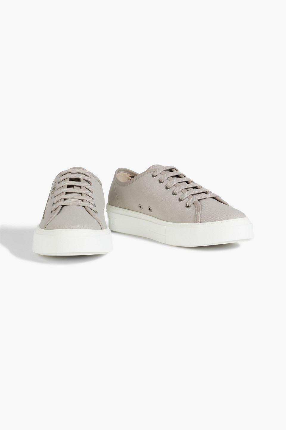 FERRAGAMO MEDITERRE LOGO-APPLIQUÉD LEATHER-TRIMMED CANVAS SNEAKERS