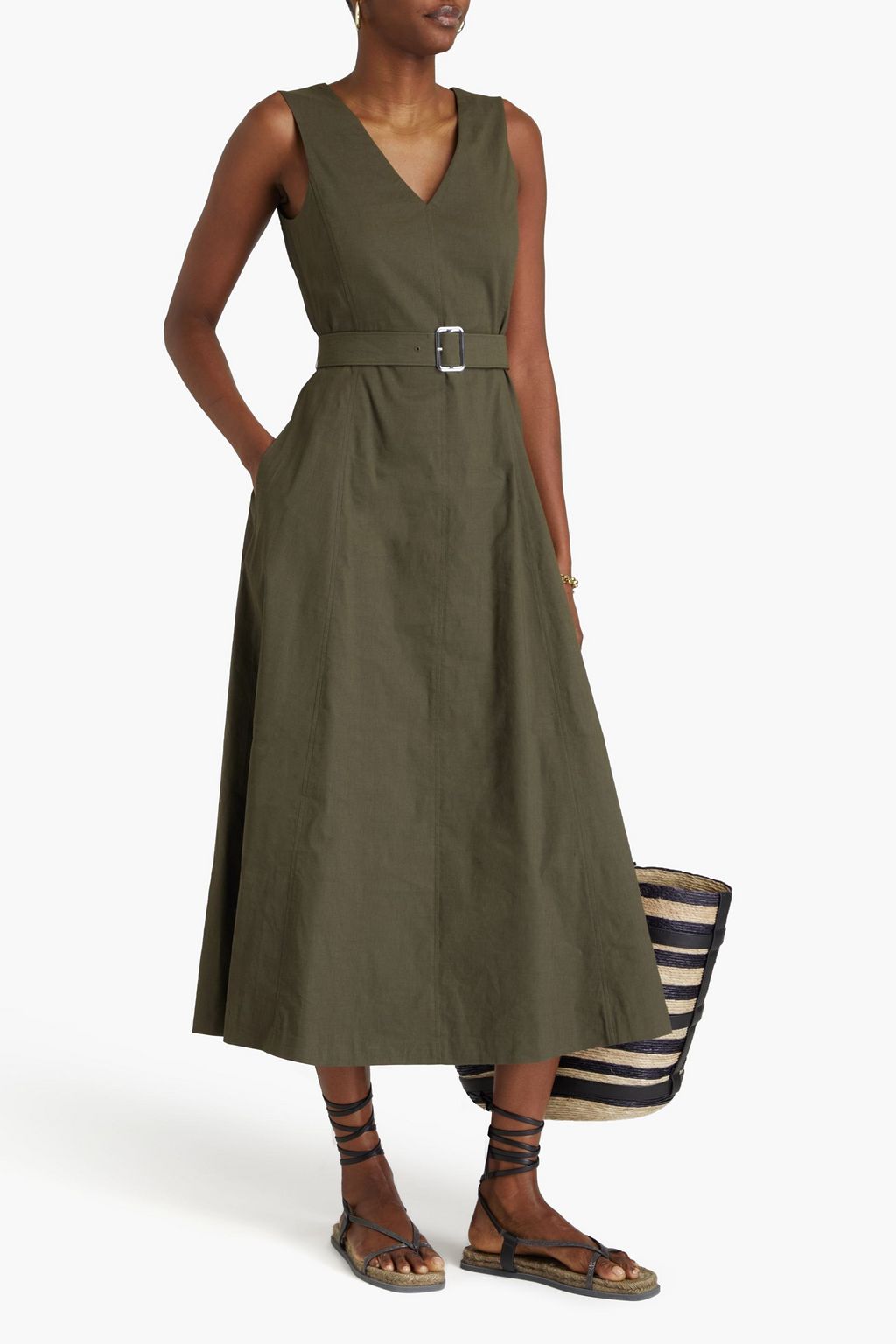THEORY Belted linen-blend midi dress