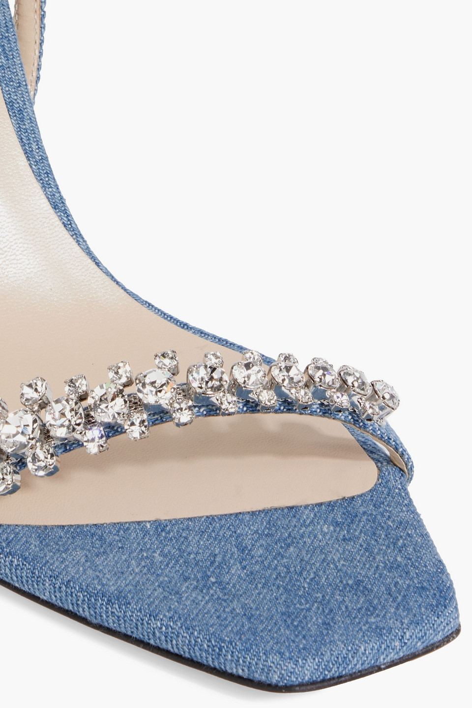 JIMMY CHOO MEIRA 85 CRYSTAL-EMBELLISHED DENIM SLINGBACK SANDALS
