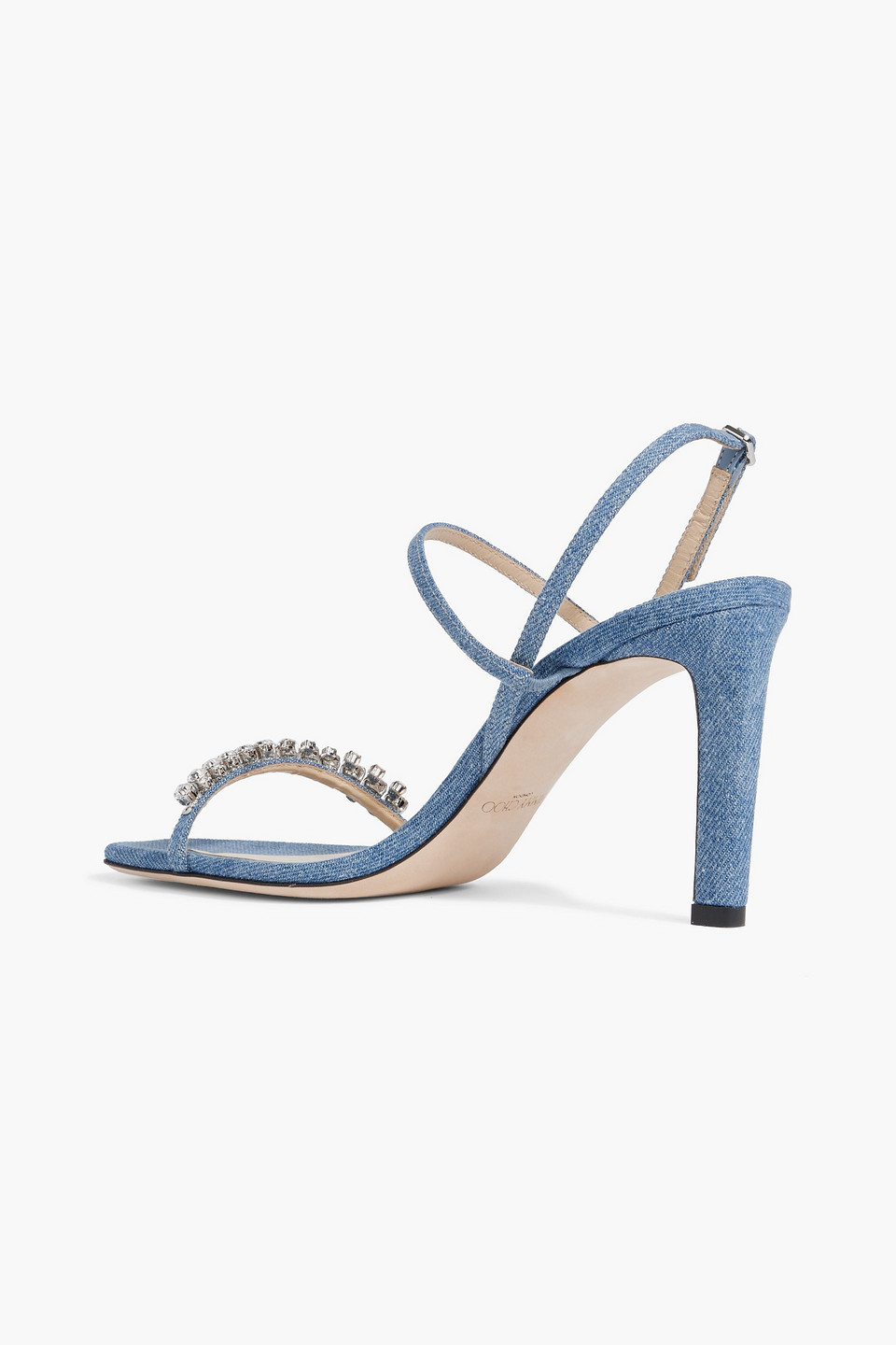 JIMMY CHOO MEIRA 85 CRYSTAL-EMBELLISHED DENIM SLINGBACK SANDALS
