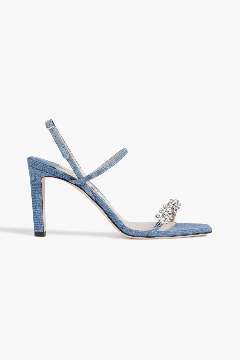 JIMMY CHOO MEIRA 85 CRYSTAL-EMBELLISHED DENIM SLINGBACK SANDALS