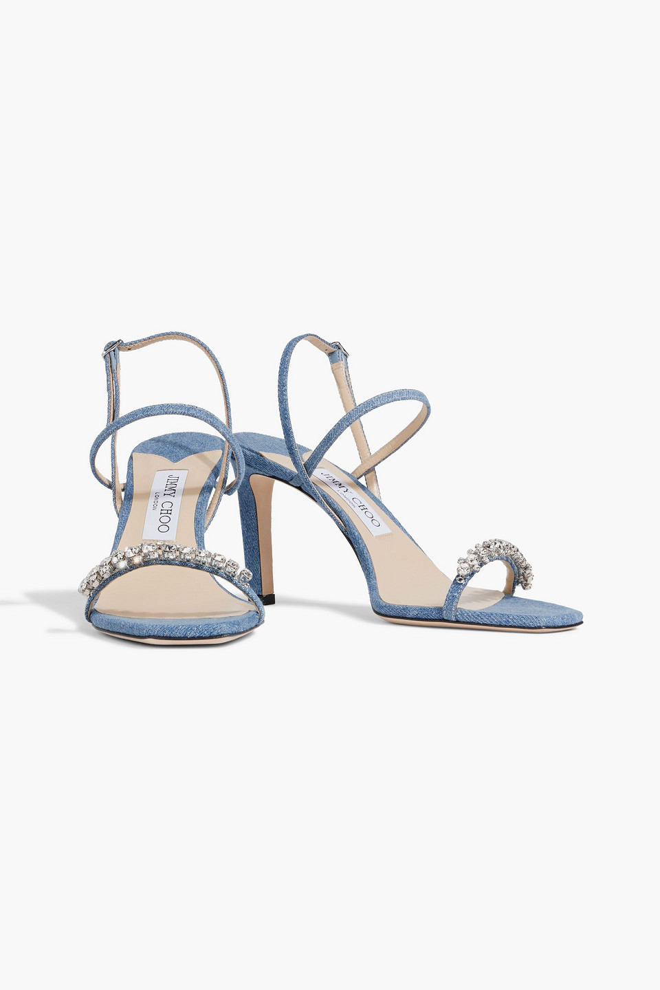 JIMMY CHOO MEIRA 85 CRYSTAL-EMBELLISHED DENIM SLINGBACK SANDALS