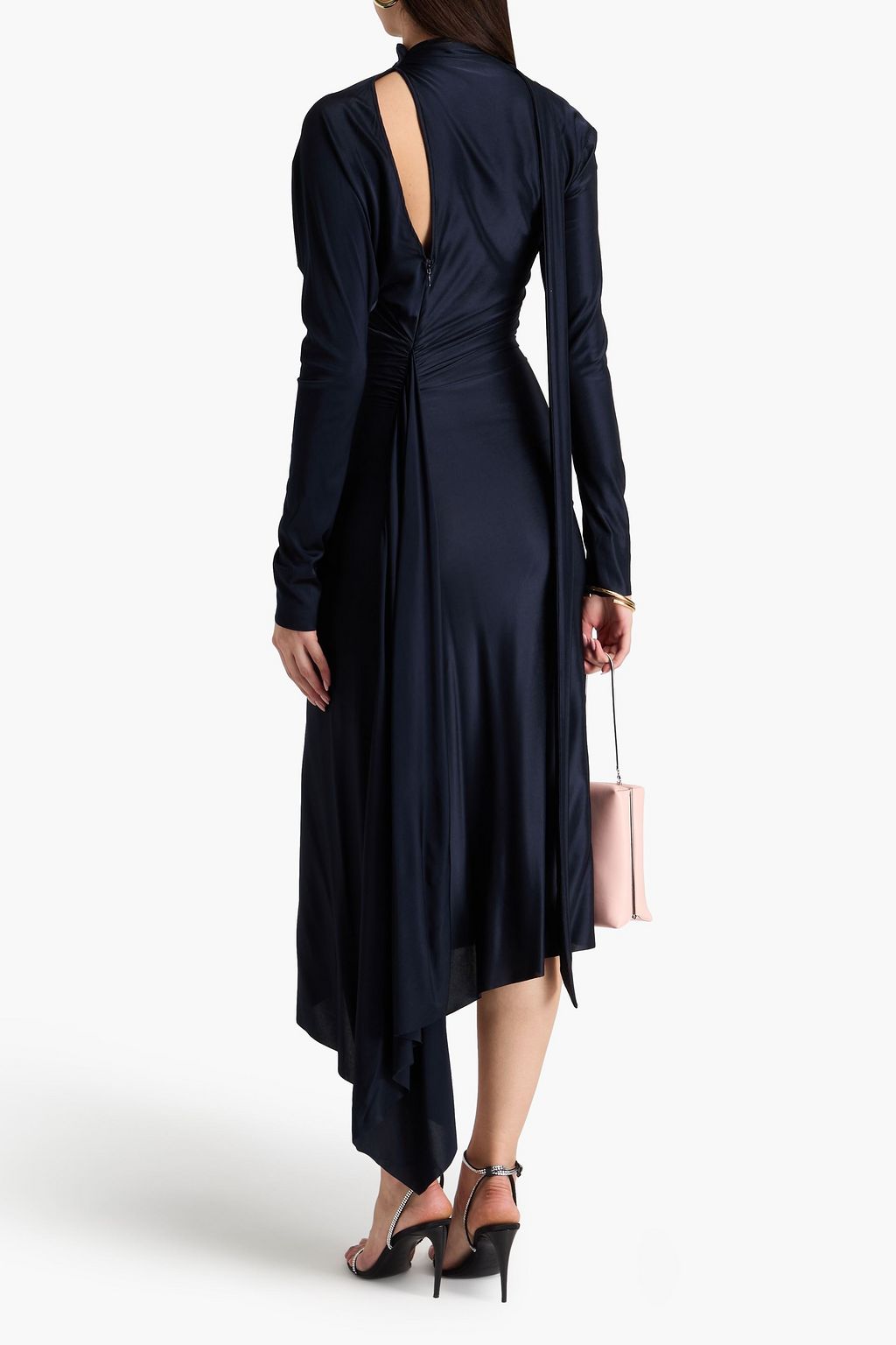 VICTORIA BECKHAM 컷아웃 디테일 비대칭 새틴 저지 맥시 드레스