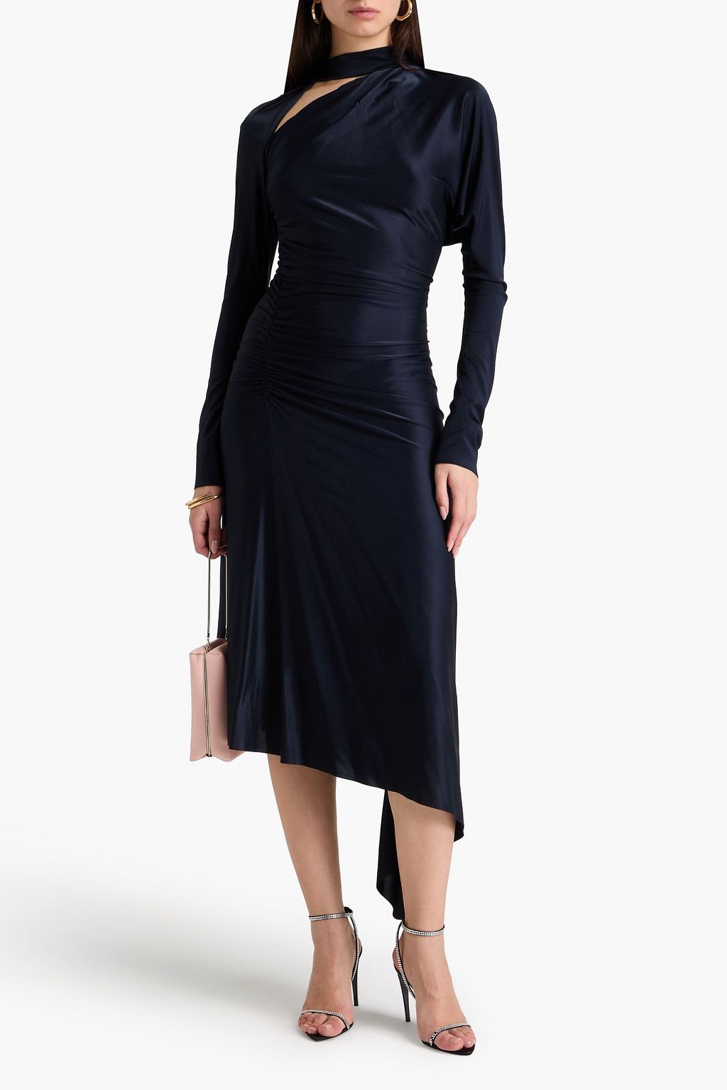 VICTORIA BECKHAM 컷아웃 디테일 비대칭 새틴 저지 맥시 드레스