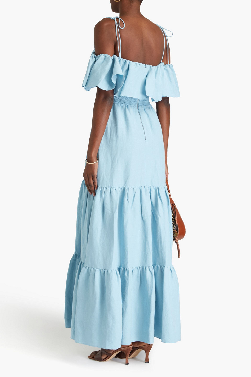 Alice And Olivia Kia Cold-shoulder Tiered Linen-blend Maxi Dress In Light Blue