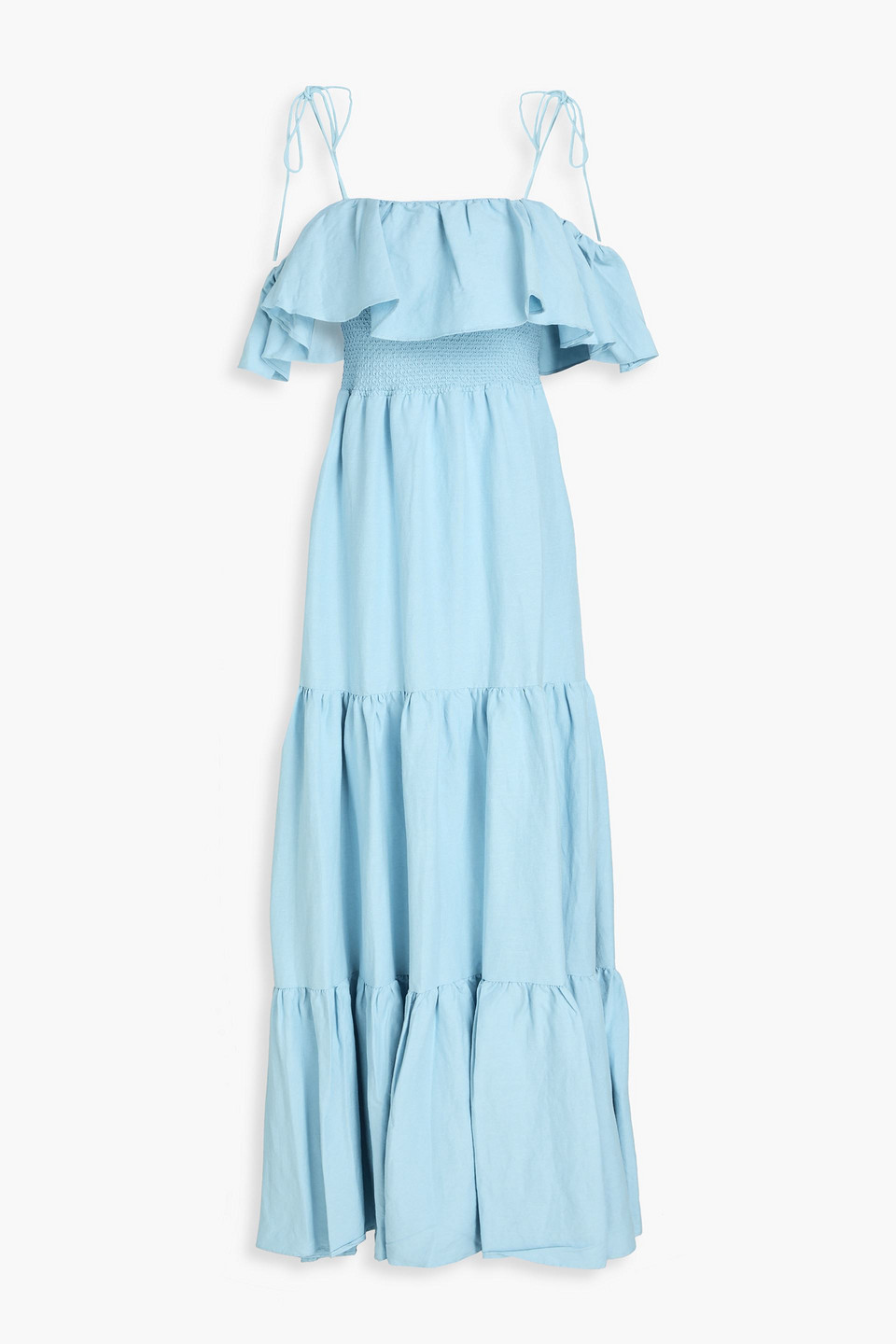 Alice And Olivia Kia Cold-shoulder Tiered Linen-blend Maxi Dress In Light Blue